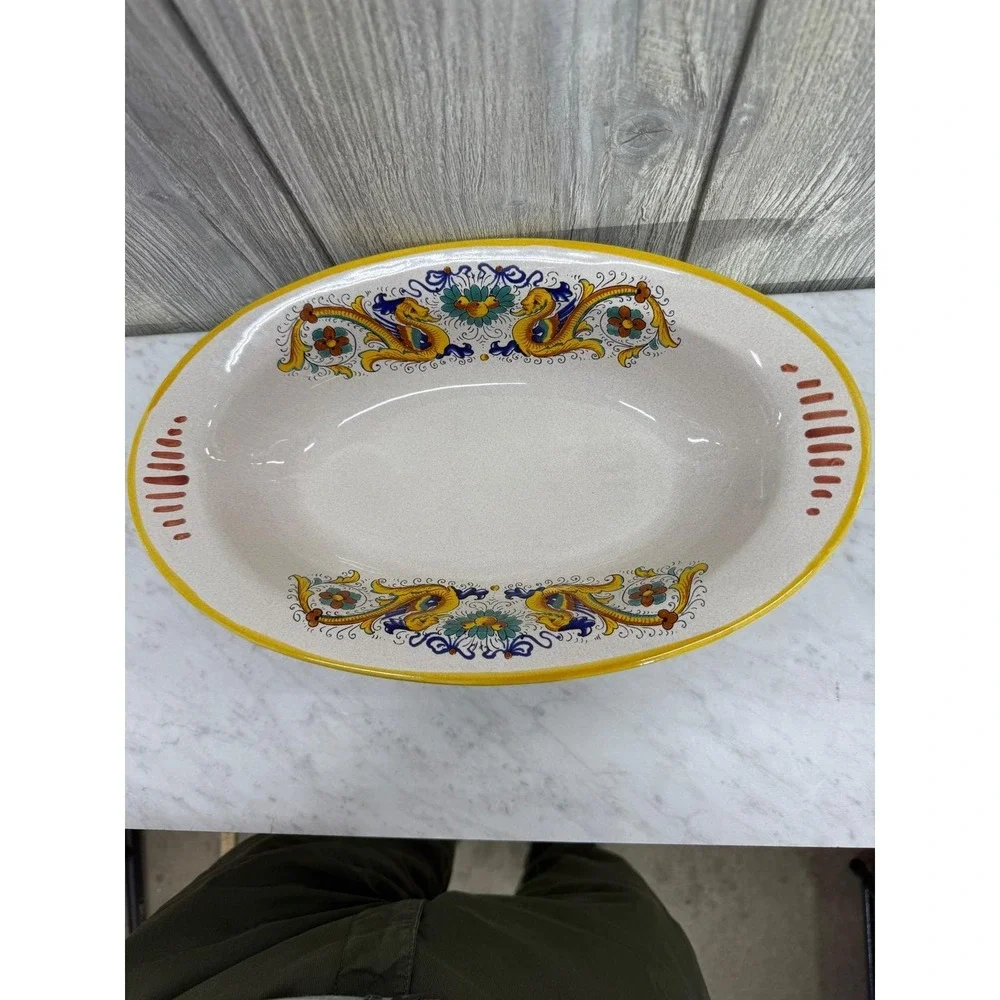 Italian Majolica Raffaellesco Dragon Oval Serving Bowl Ceramic Deruta Style 13